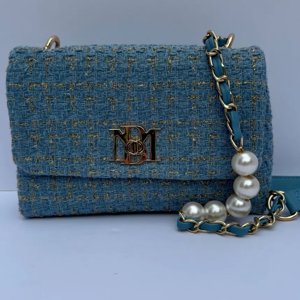 Badgley Mischka Blue and Gold Tweed Crossbody Bag